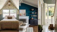 bedroom with wallpapered sloped ceiling, dark blue dining room, neutral entryway