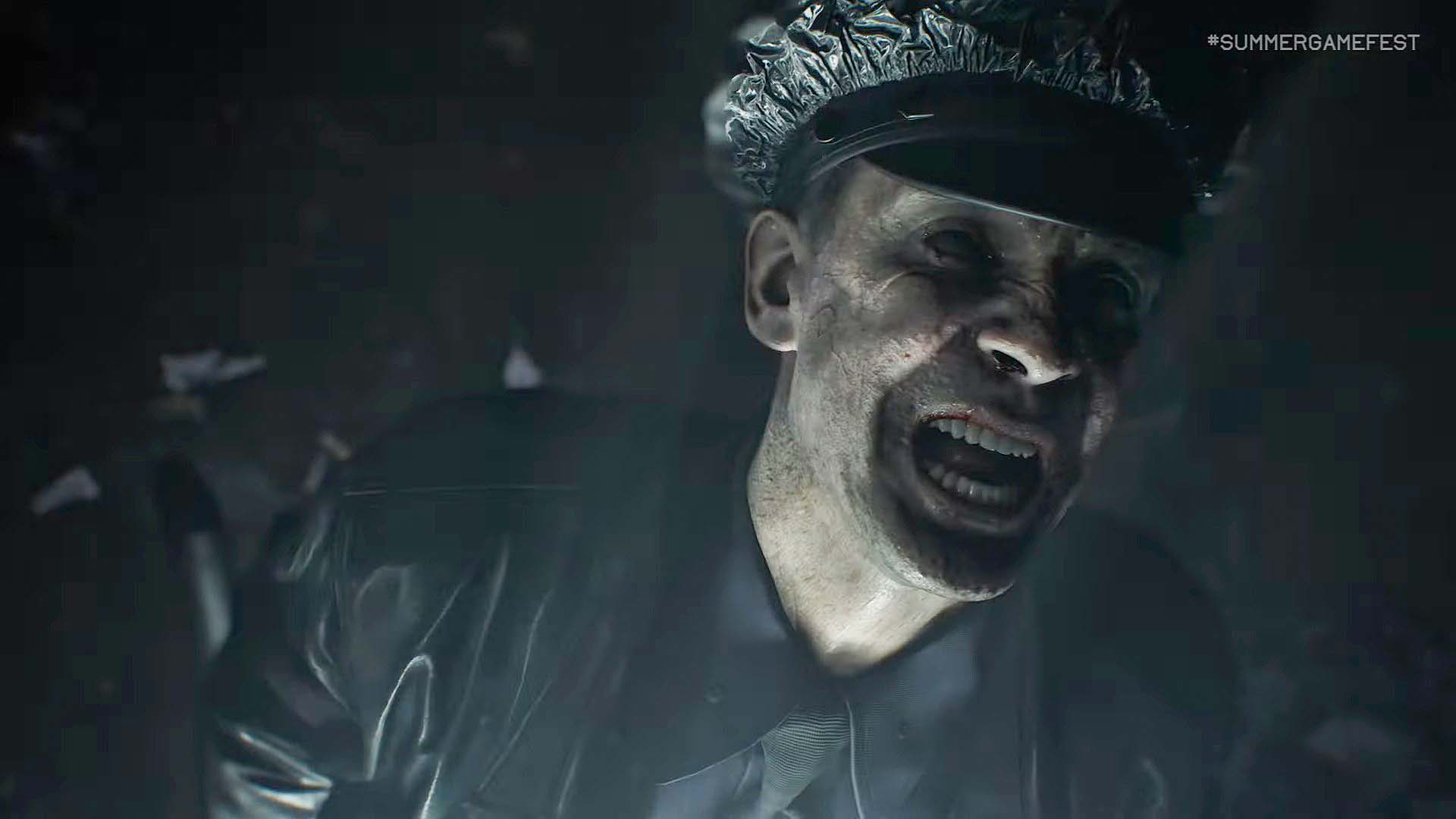 Screenshots from Resident Evil Requiem showing an altered officer coming close to the screen.