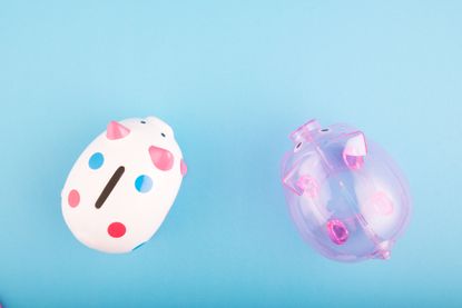 Best savings rates concept, empty piggy bank on blue background