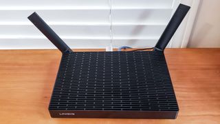 Top view of Linksys Hydra Pro 6 on desk