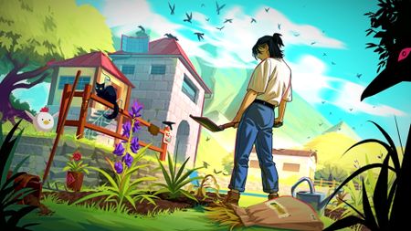 Grave Seasons art showing a man with tied-back black hair wielding a hoe while a crow rests atop a fence nearby 