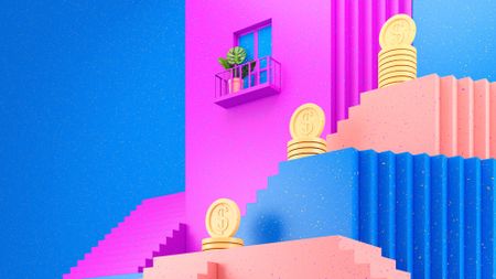 illustration of a pink building with coins stacked around it