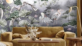 oriental-inspired wall mural in living room behind velvet sofa