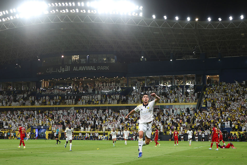 Cristiano Ronaldo celebrates his second goal against Damac