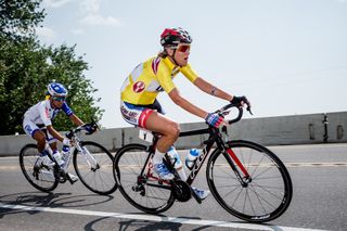 Kristin Armstrong in the leader's yellow jersey
