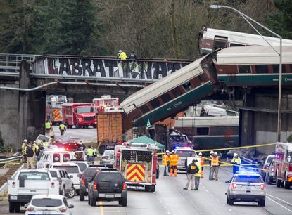 The derailed Amtrak train near Seattle.