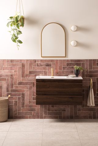 straight herringbone subway tile layout in bathroom by Original Style