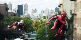 Spider-Man: Homecoming Iron Man and Spider-Man fly through the city