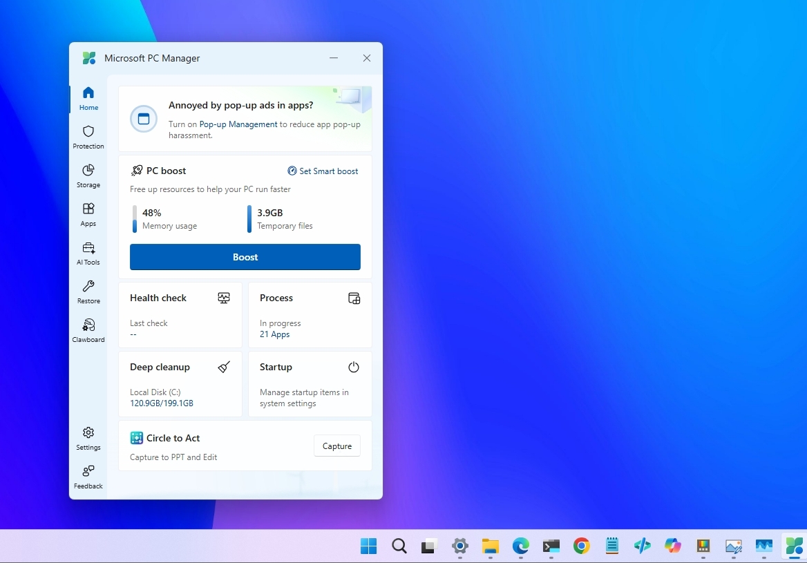 Windows 11 desktop with Microsoft PC Manager on the Home page with the Boost feature.