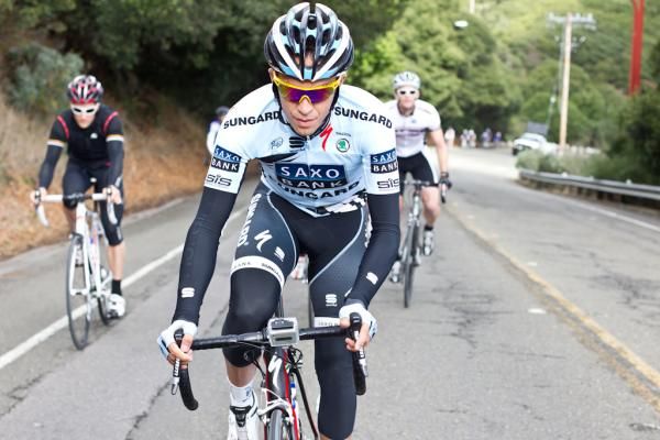 Contador gets out of the saddle as the group hits one of the climbs.