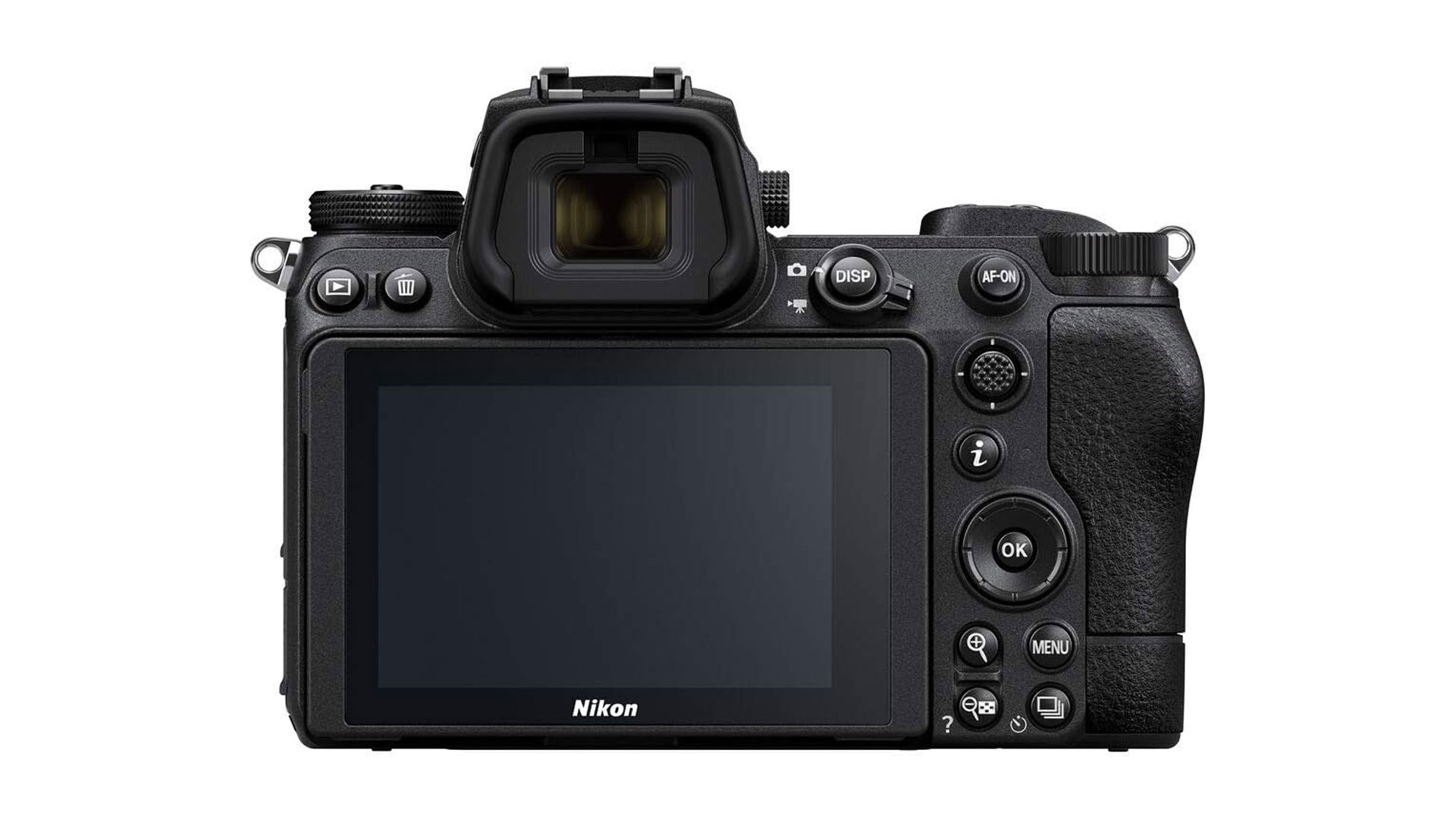 The back of the Nikon Z7 in front of a white background.