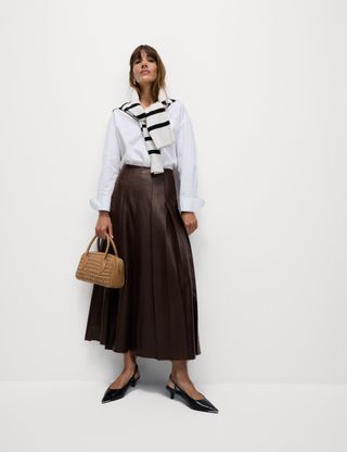 Leather Look Pleated Midaxi A-Line Skirt