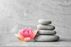 Beautiful pink lotus flower and stones balance, concept of wellness spa treatments for the beauty of mind and body, massage, zen stone.