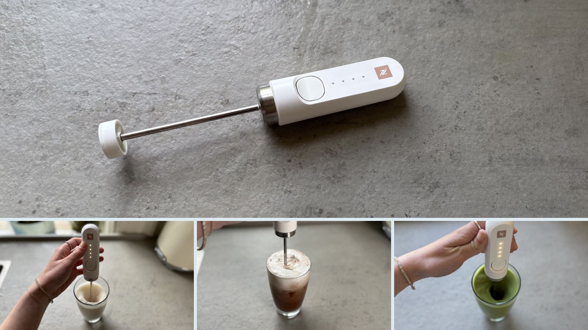 Images of the Nespresso NanoFoamer Milk Frother working