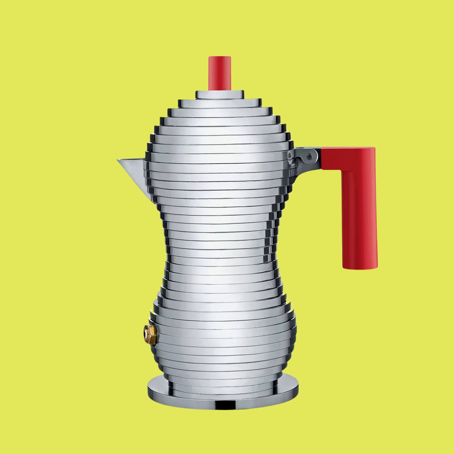 A ridged chrome espresso maker with red finishes