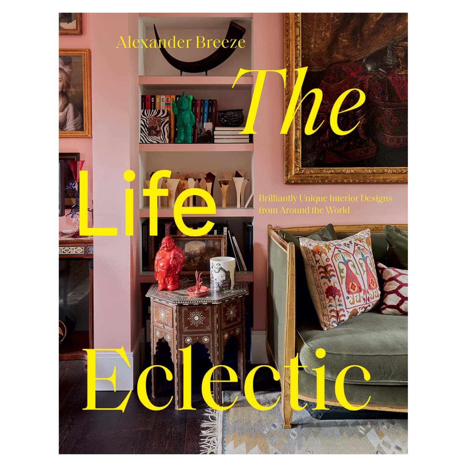 A hardcover book featuring an image of a colorfully layered room with bright yellow font on the front