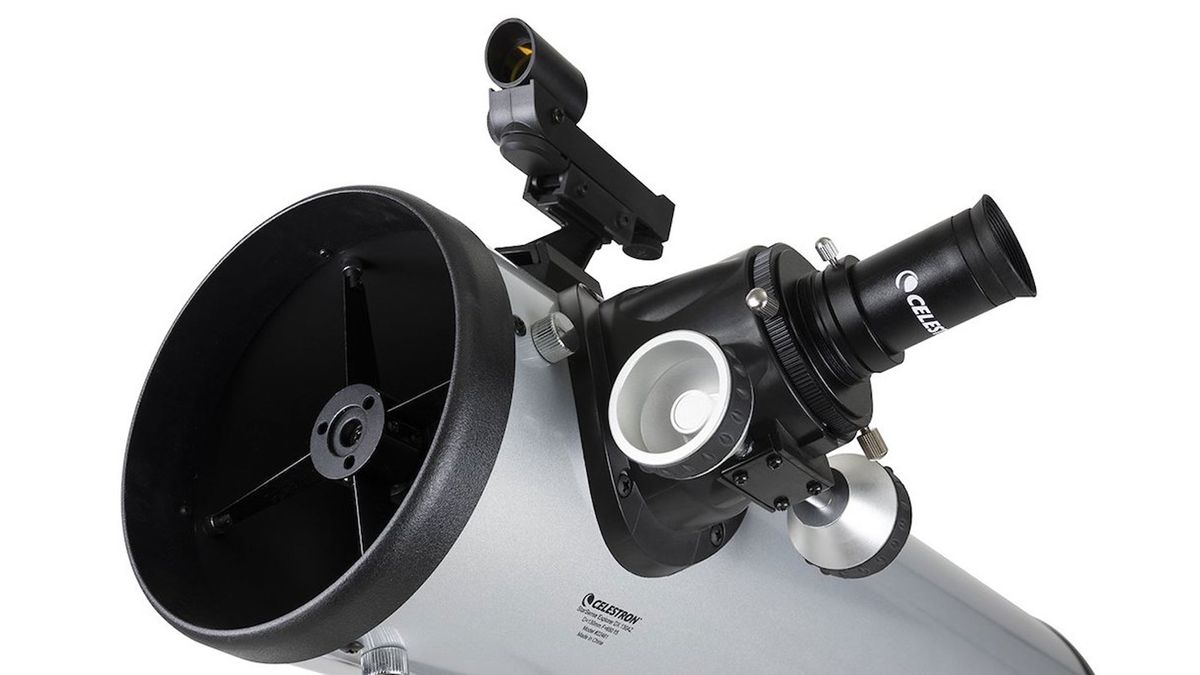 A close-up on the aperture and eyepiece on the Celestron StarSense Explorer DX 130AZ telescope against a white background.