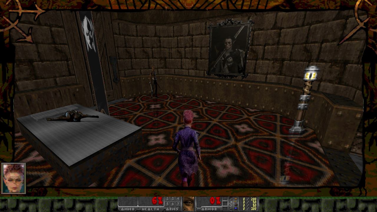 Screenshot of Githmap Doom WAD showing Baldur's Gate 3 assets made into sprites in a Doom map with various medieval accoutrements under an alien sky