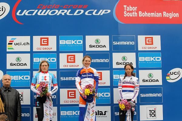 The elite women's podium in Tabor (L-R): Katie Compton, Sanne van Paassen, and Helen Wyman