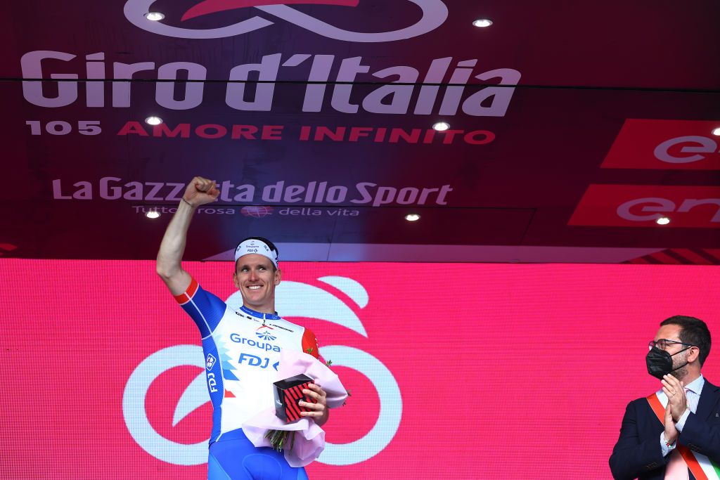 SCALEA ITALY MAY 12 Arnaud Demare of France and Team Groupama FDJ celebrates at podium as stage winner during the 105th Giro dItalia 2022 Stage 6 a 192km stage from Palmi to Scalea Giro WorldTour on May 12 2022 in Scalea Italy Photo by Michael SteeleGetty Images