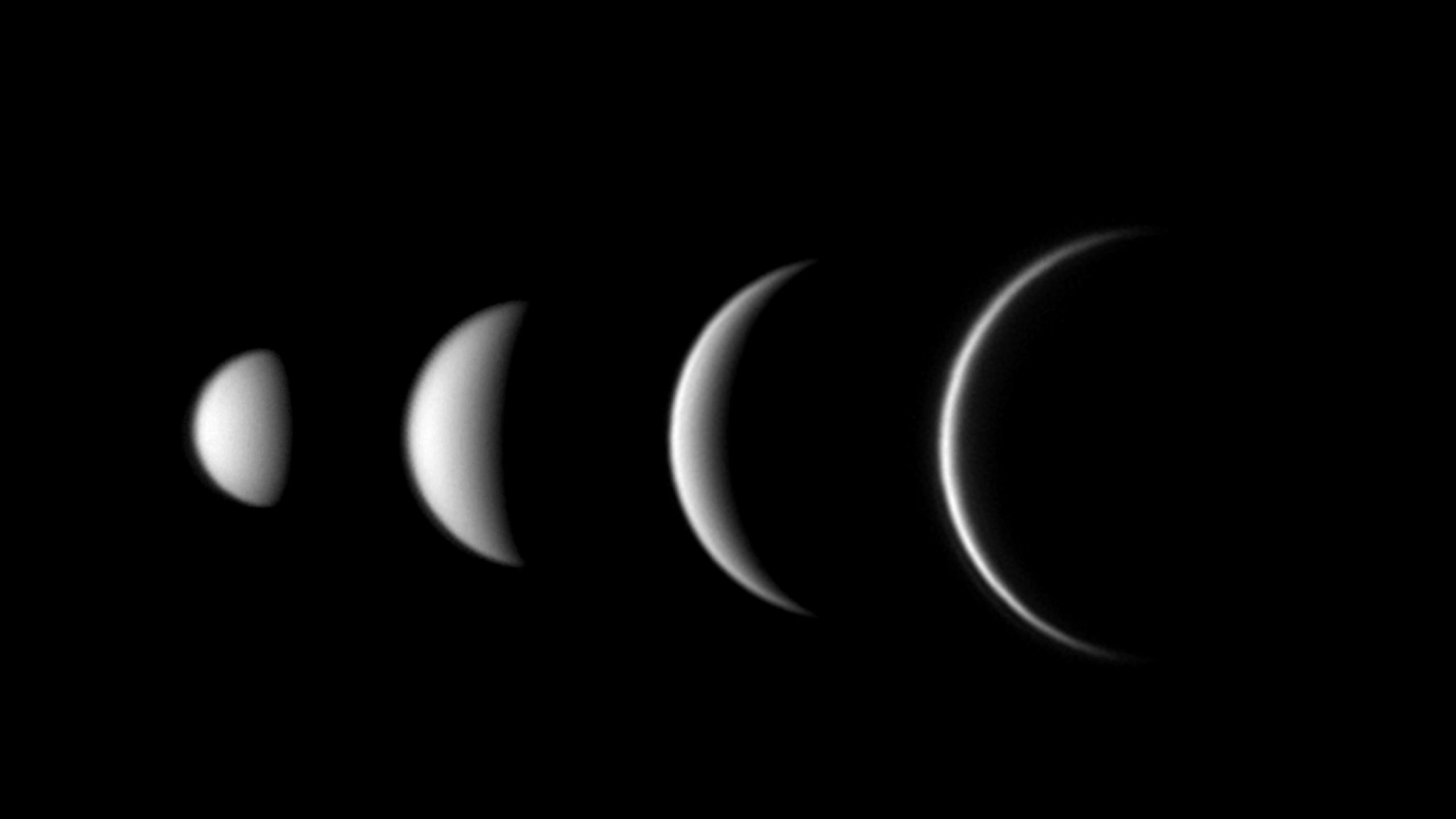 composite image showing 4 views of venus becoming an increasing crescent.