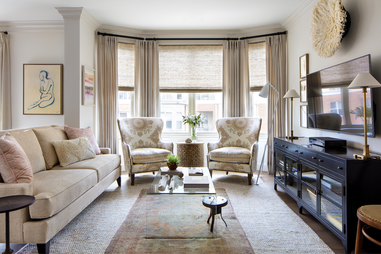 living room curtains layered over roman blinds