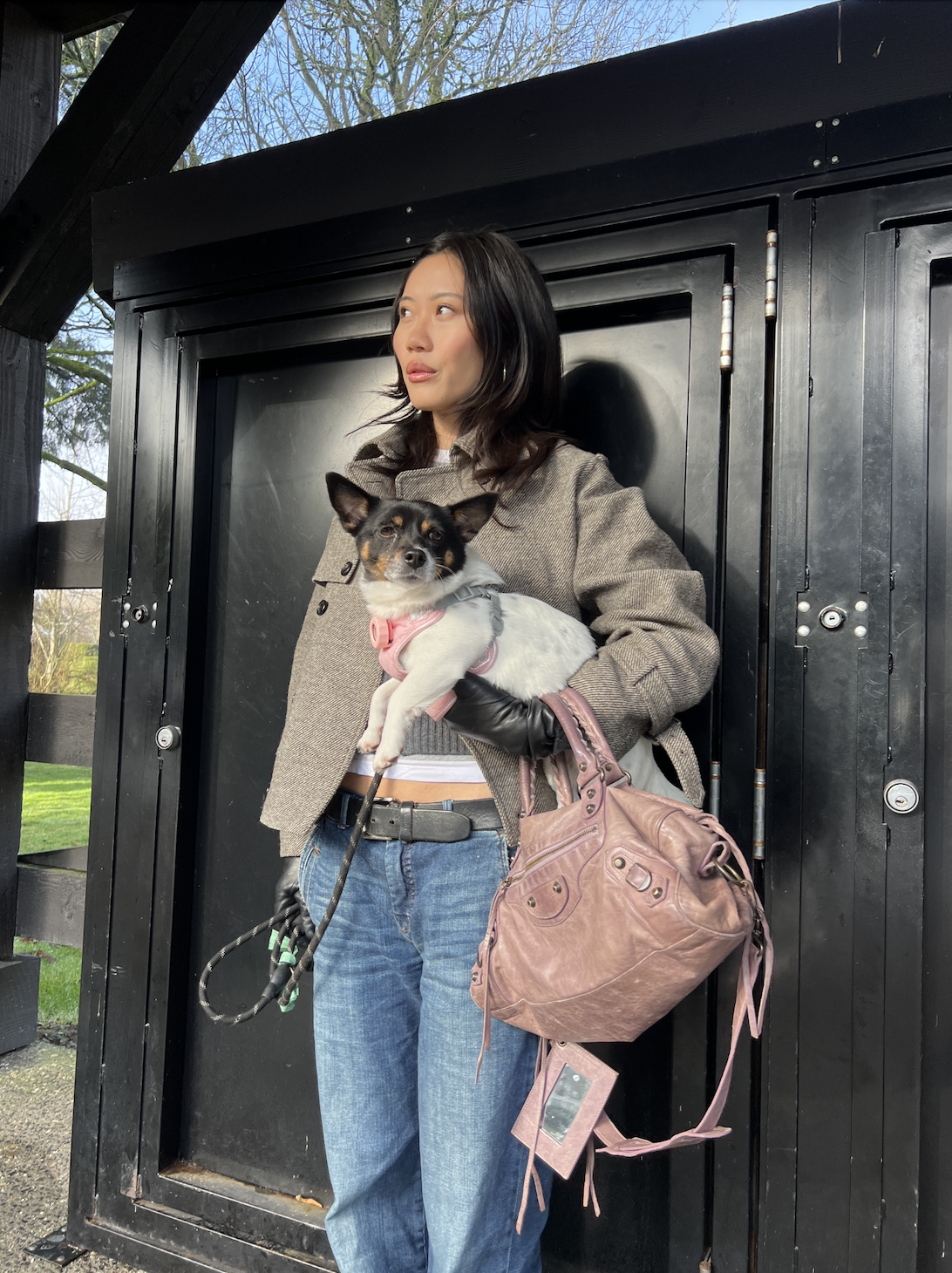 Vivian Li holding a dog and wearing jeans and a jacket, holding a pink bag