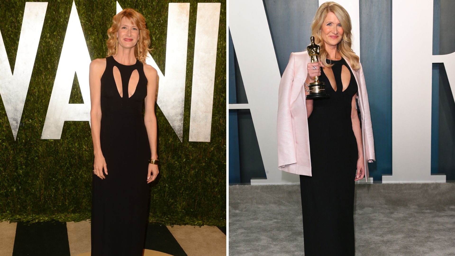 L-Laura Dern in 2013, R-Laura Dern in 2020. She is wearing the same black cutout gown in both