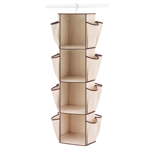 A beige hanging closet organizer with 4 shelves and side pockets for shoes