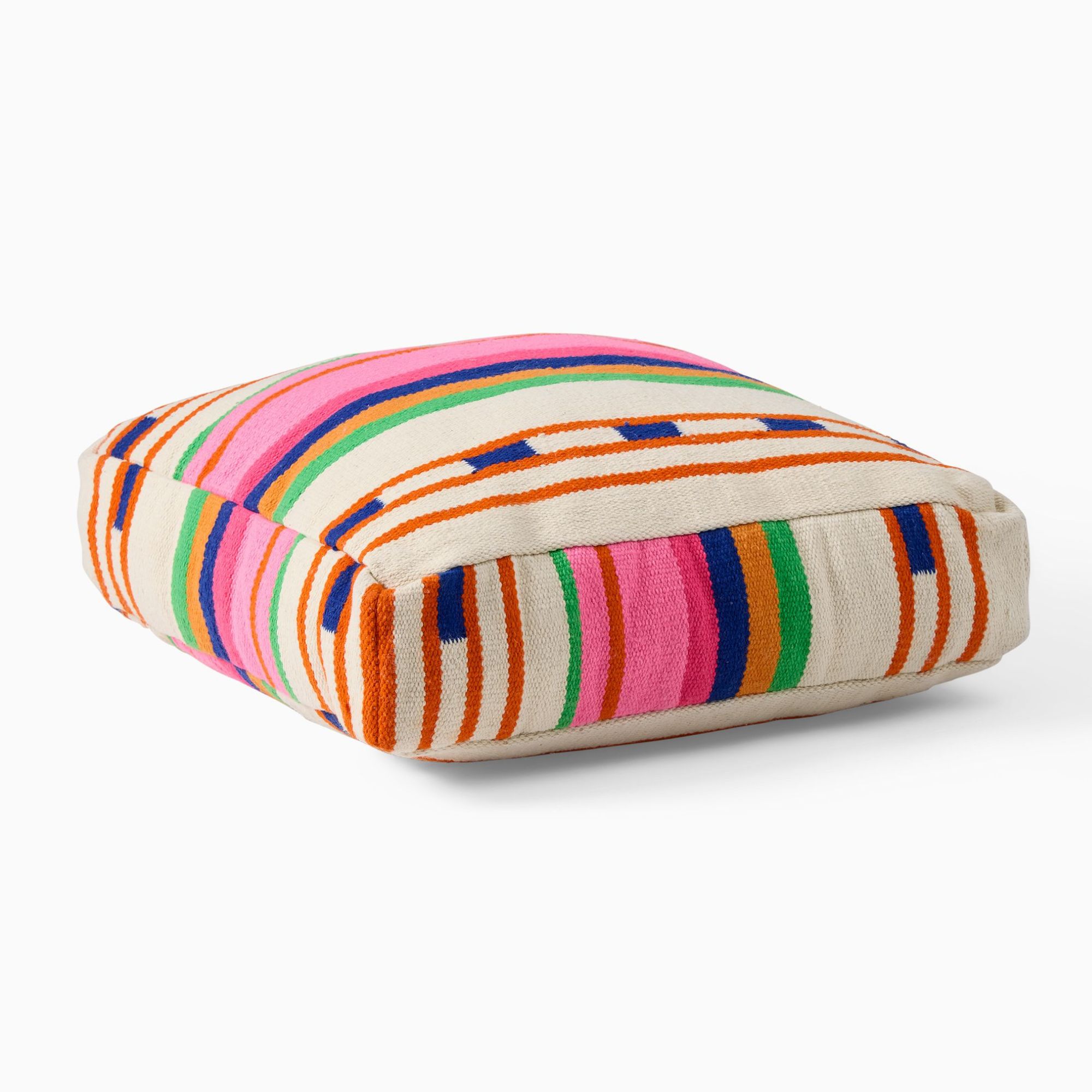 White floor cushion with pink, orange, blue and green stripes