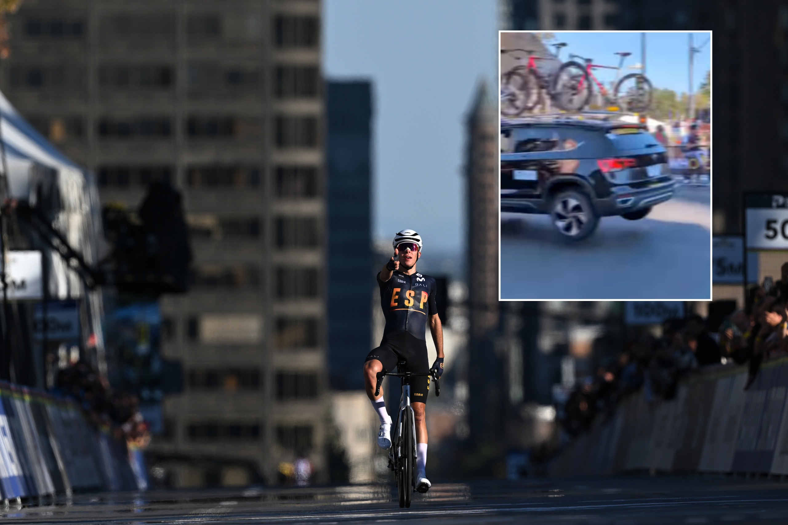 Benjamin Noval wins Worlds road race 2026 Montreal, with inset of black car being driven fast