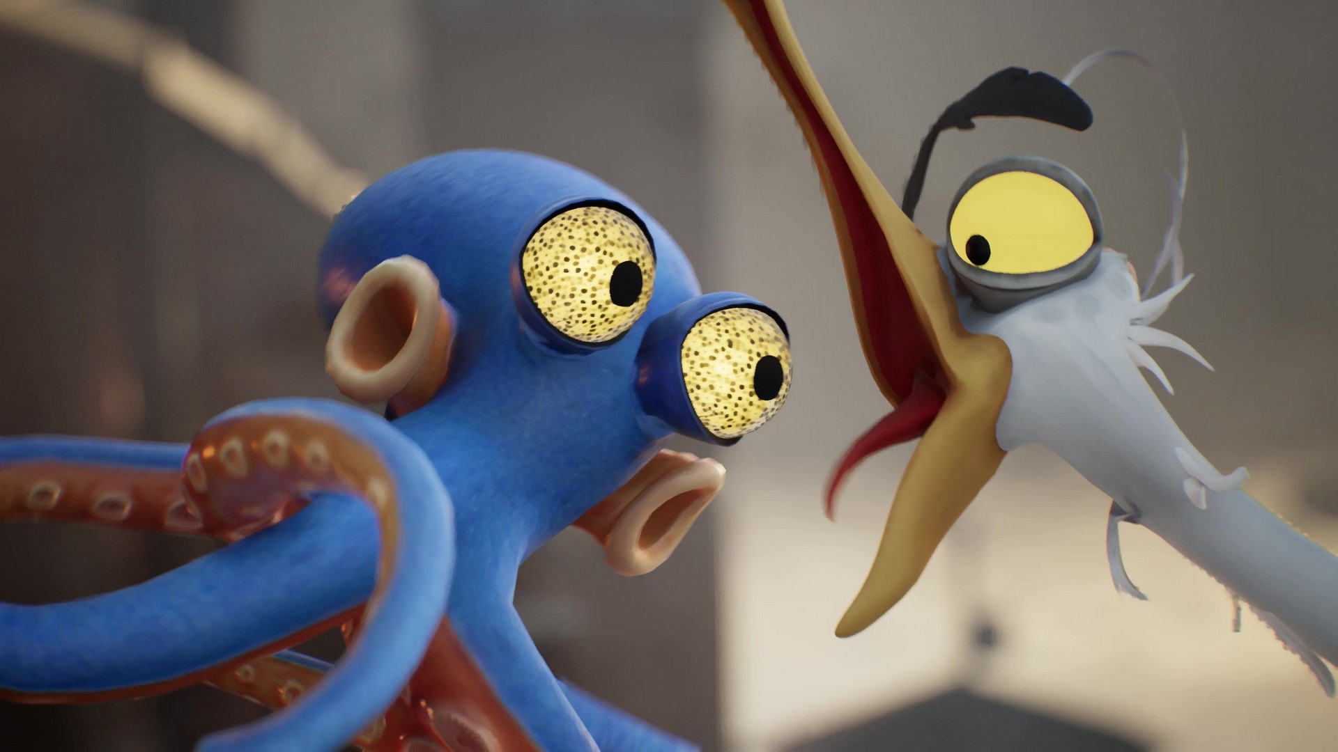 A grouchy seagull squawks at blue octopus Darwin in Darwin's Paradox