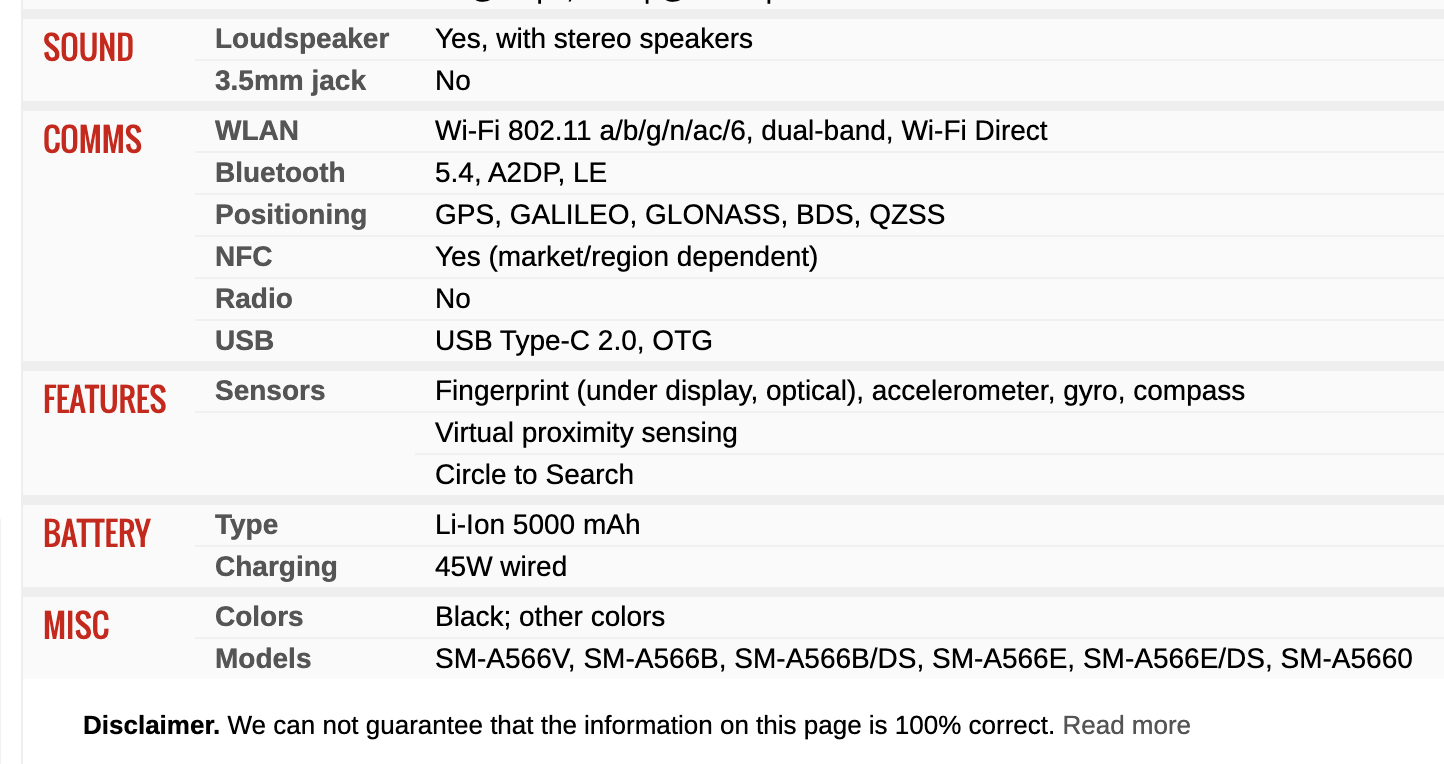 Supposed spec sheet of the Galaxy A56