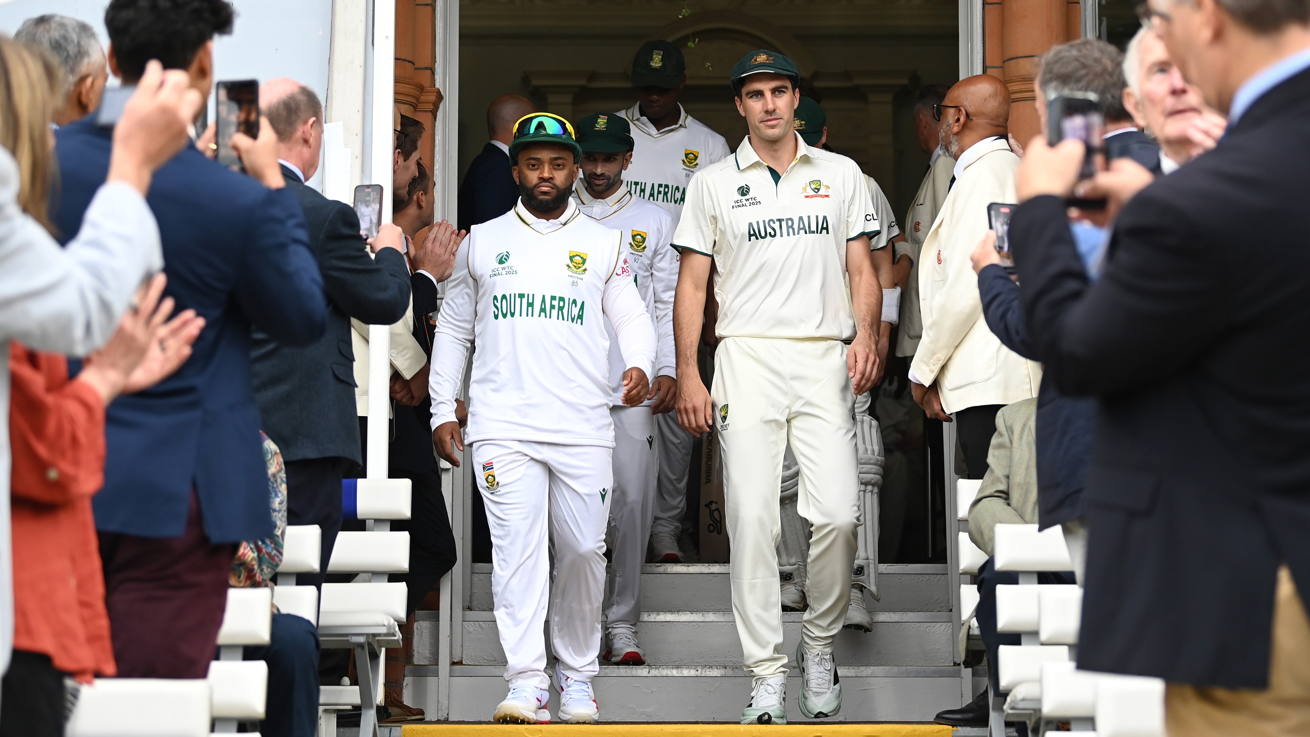 Temba Bavuma and Pat Cummins lead their teams out for the World Test Championship Final at Lord's.