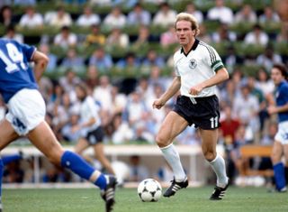 Karl-Heinz Rummenigge in action for West Germany against Italy in the 1982 World Cup final.
