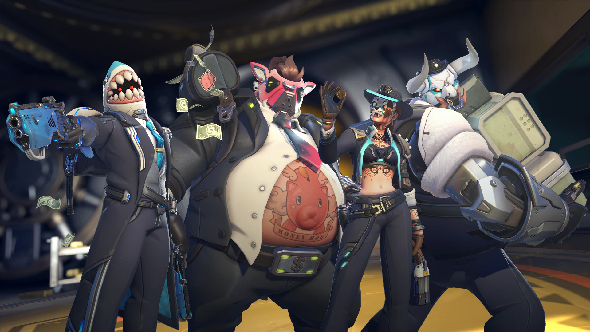 Overwatch 2 Season 20: The Heist collection of skins, featuring Reaper, Roadhog, Ashe (and Bob) posing with their gear.