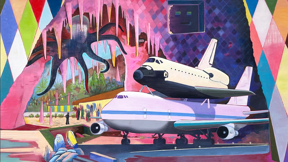 A surreal painting features a series of separate dimensions, including a sun-bathed landscape, abstract, geometric swathes of colors, a colossal octopus, and two planes placed atop each other within a fantastical composition.