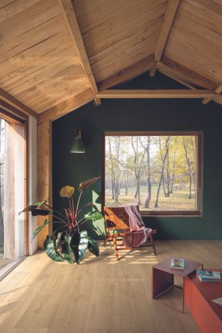 living room with vaulted ceiling, wood cladding and picture window