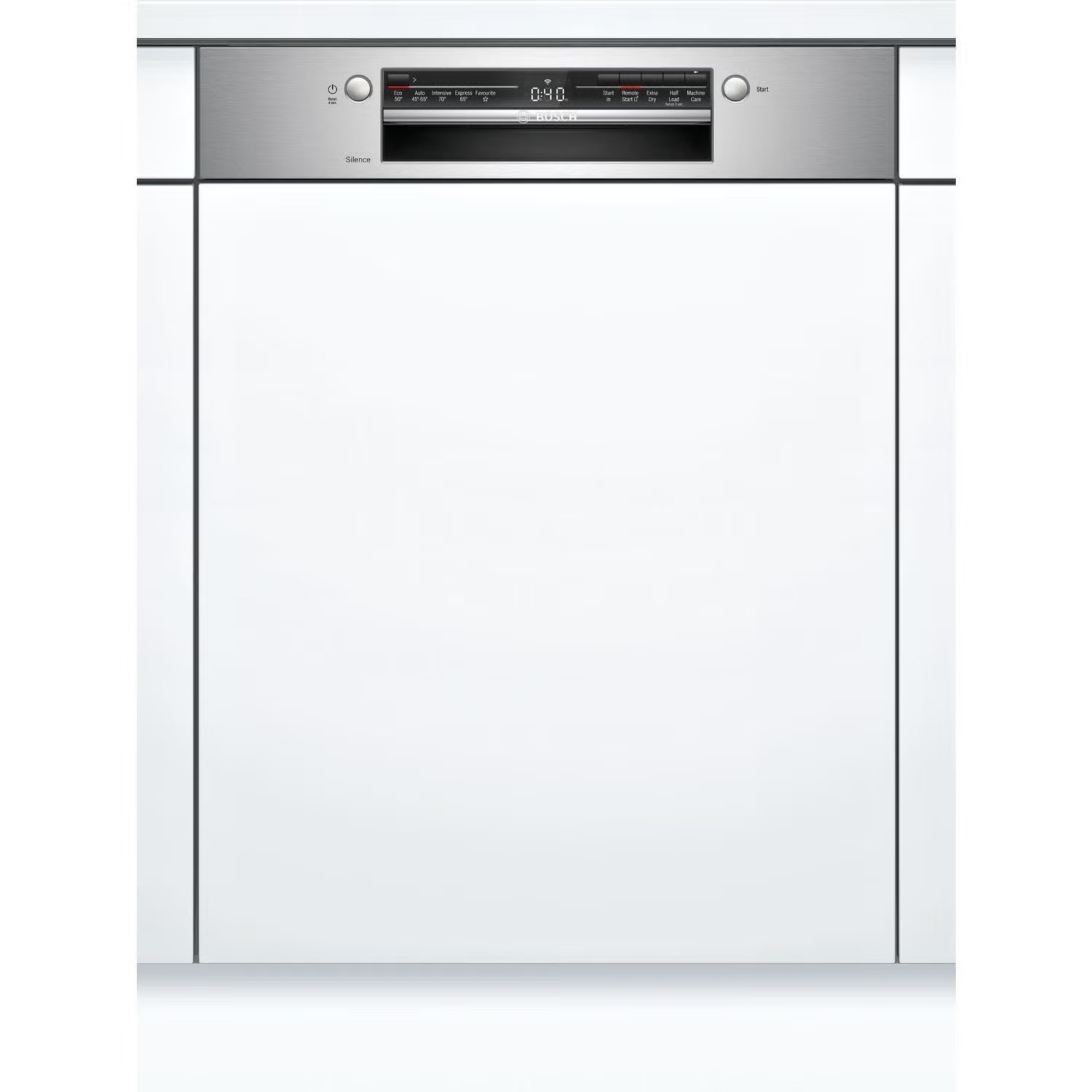 white dishwasher with silver display panel