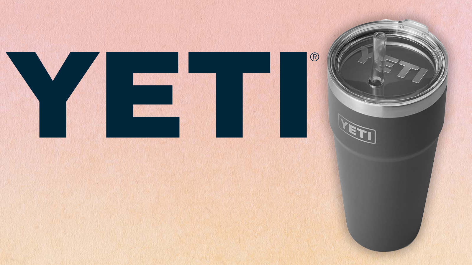 a composite image on a peach background of a YETI Rambler tumbler