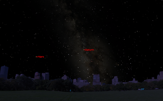 A map of the sky that shows Mars and Saturn, as they can be seen from New York on July 31 at 11 pm.