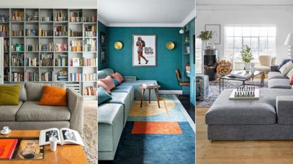 Three family rooms, in neutrals and turquoise, all with sofas