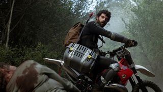 Manel riding his motorcycle in "Apocalypse Z: The Beginning of the End" on Prime Video.