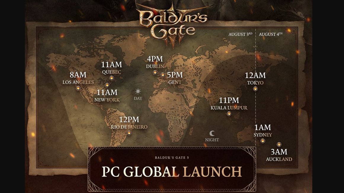 Baldur's Gate 3 PC launch graphic with time zones and map