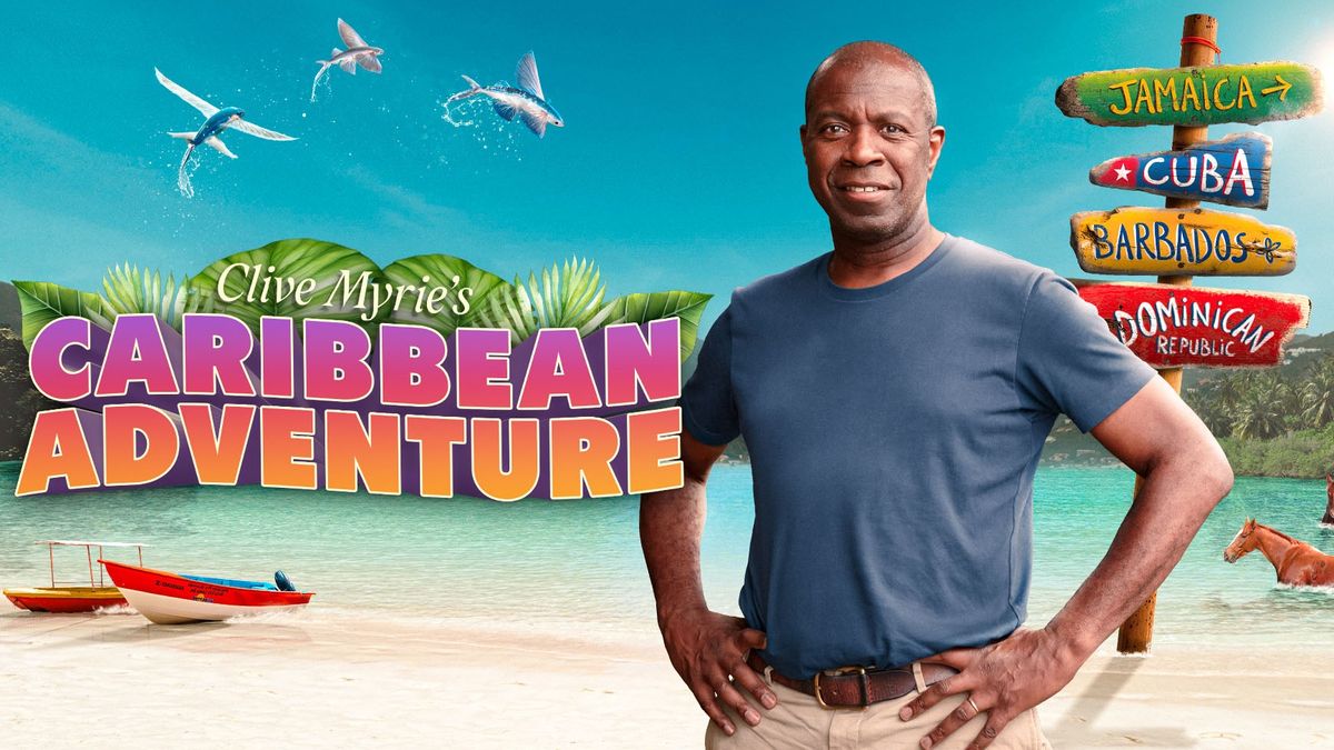 Clive Myrie&#039;s Caribbean Adventure key art. Clive posing in front of signs with Jamaica, Cuba, Barbados and Dominican Republic.