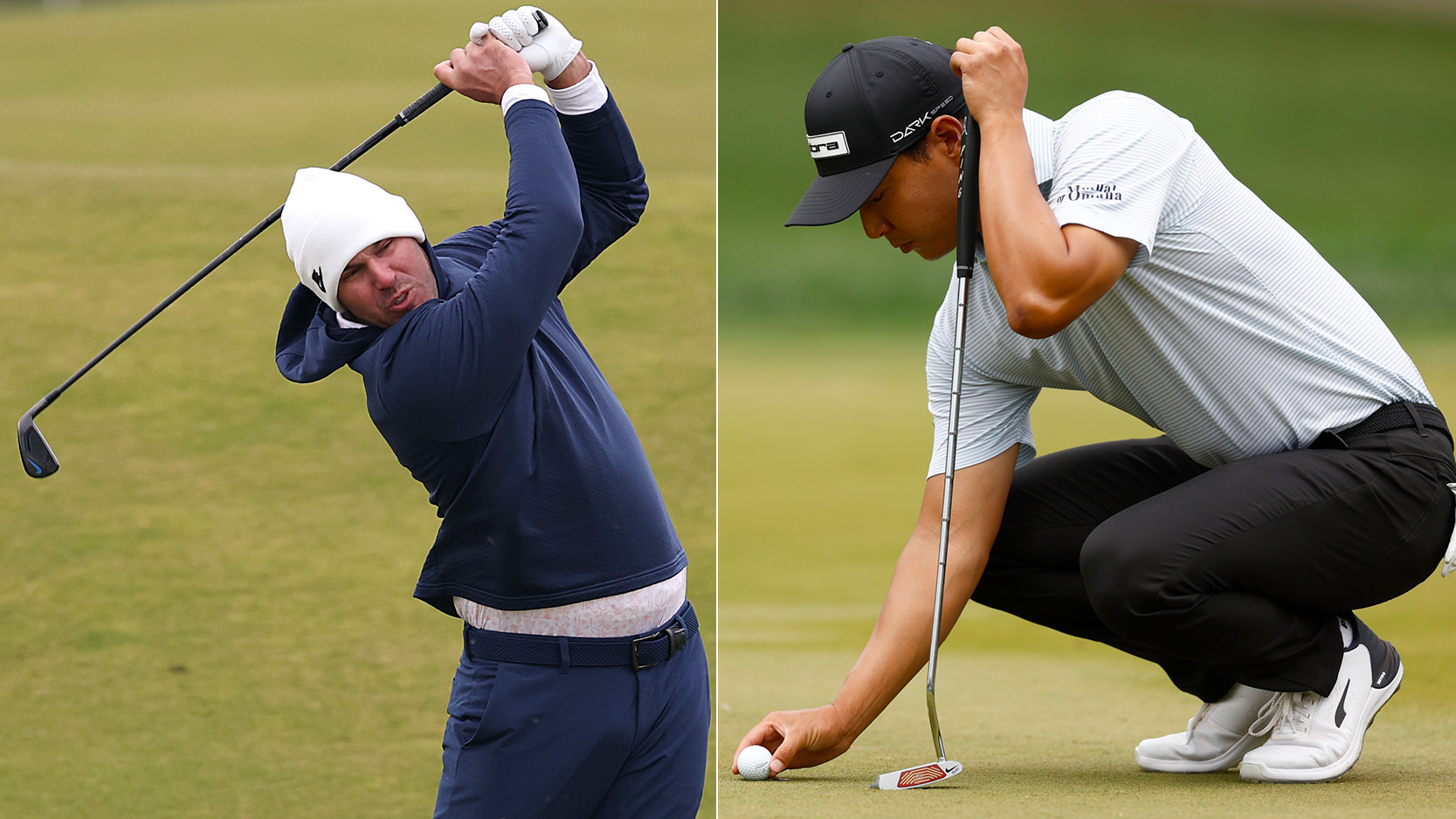 Brooks Kopeka hits a 3-iron, Justin Suh lines up a putt