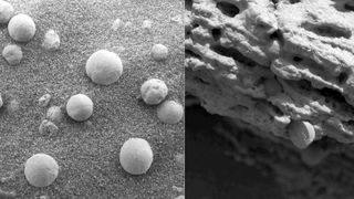 A black and white photo of the "Martian blueberries" on the Martian surface (left) and a close up of their surface (right), both taken by NASA's Opportunity rover on Feb. 9, 2004.