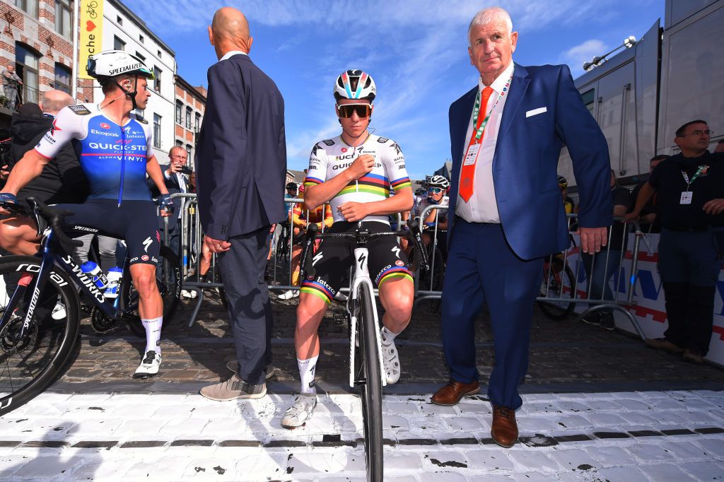 BINCHE BELGIUM OCTOBER 04 Remco Evenepoel of Belgium and Team QuickStep Alpha Vinyl prior to the 35th Binche Chimay Binche Memorial Frank Vandenbroucke 2022 a 1986km one day race from Binche to Binche BincheChimayBinche on October 04 2022 in Binche Belgium Photo by Luc ClaessenGetty Images