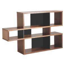 Antonn Low Walnut/Black Shelving Unit, modular with black panels and an assortment of shelves in different sizes