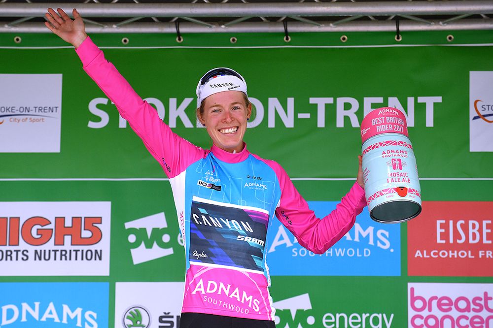 Hannah Barnes in the pink jersey at the Women's Tour